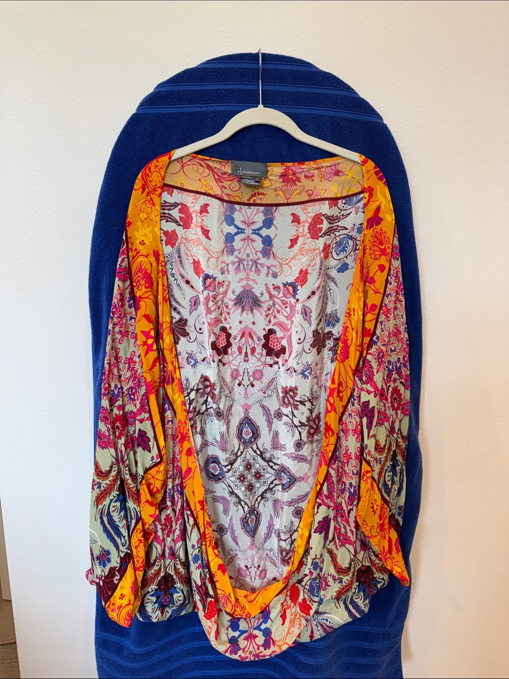 Anthropologie Multicolor Floral Open-Front Cardigan with Bright Orange Trim